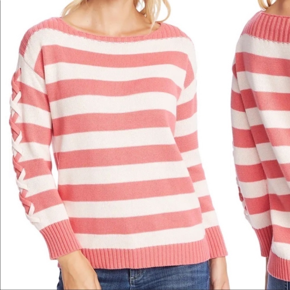 CeCe Women’s Pink Stripes with Lacing Boat Neck Sweater Size L NWT